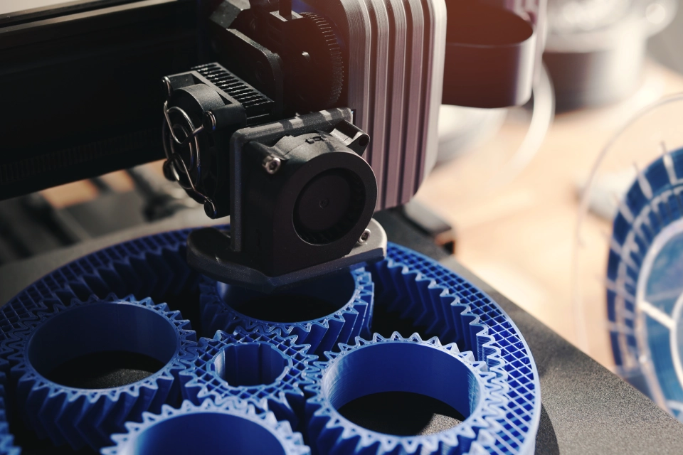 Imprimante 3D et engrenages bleus